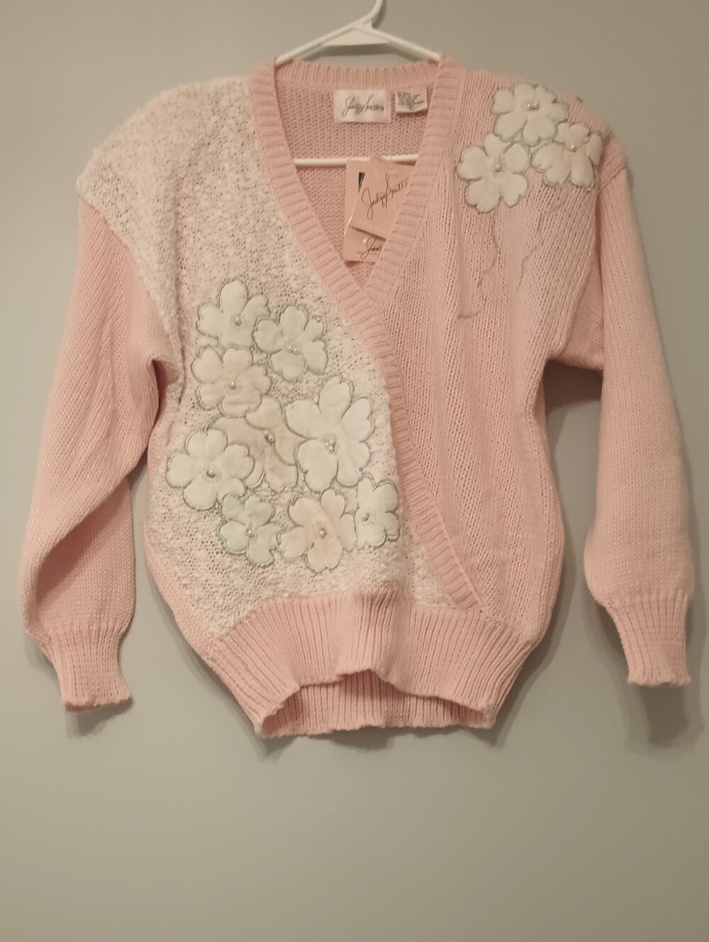 Jacklyn Smith Vintage 80' Soft Pink V-Neck Flowers Pearls Sweater L